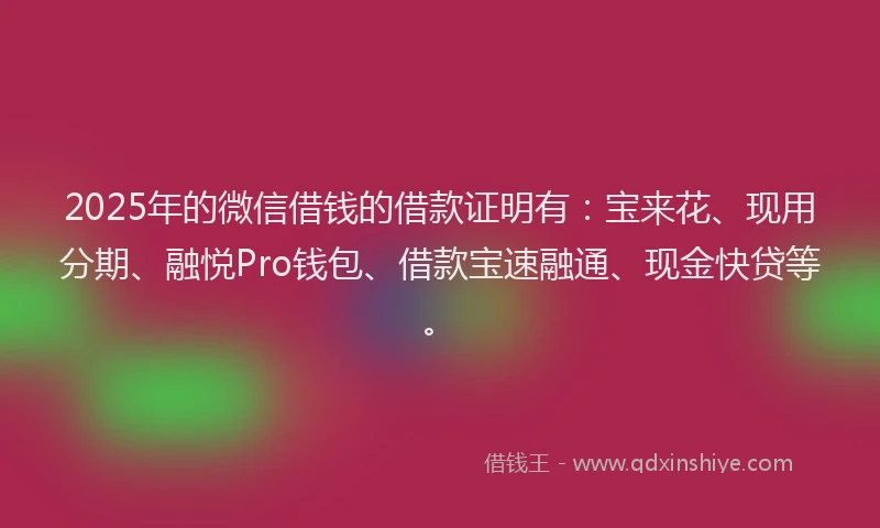 2025年的微信借钱的借款证明有：宝来花、现用分期、融悦Pro钱包、借款宝速融通、现金快贷等。