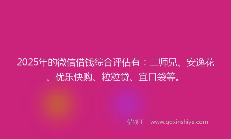 2025年的微信借钱综合评估有：二师兄、安逸花、优乐快购、粒粒贷、宜口袋等。