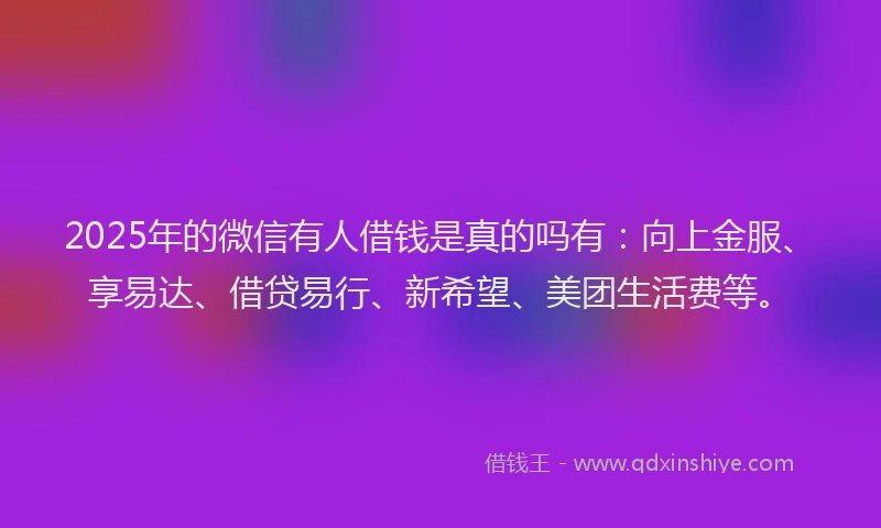 2025年的微信有人借钱是真的吗有：向上金服、享易达、借贷易行、新希望、美团生活费等。
