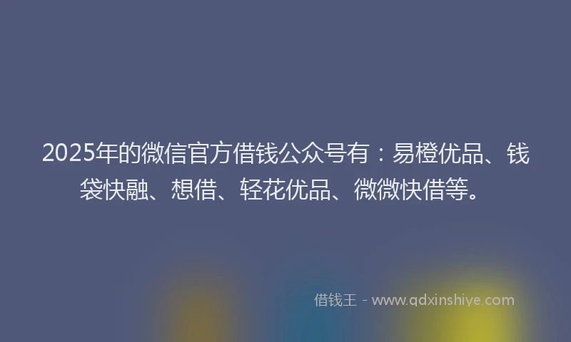 2025年的微信官方借钱公众号有：易橙优品、钱袋快融、想借、轻花优品、微微快借等。