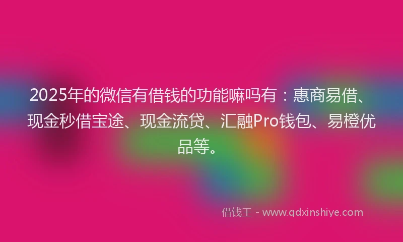 2025年的微信有借钱的功能嘛吗有：惠商易借、现金秒借宝途、现金流贷、汇融Pro钱包、易橙优品等。