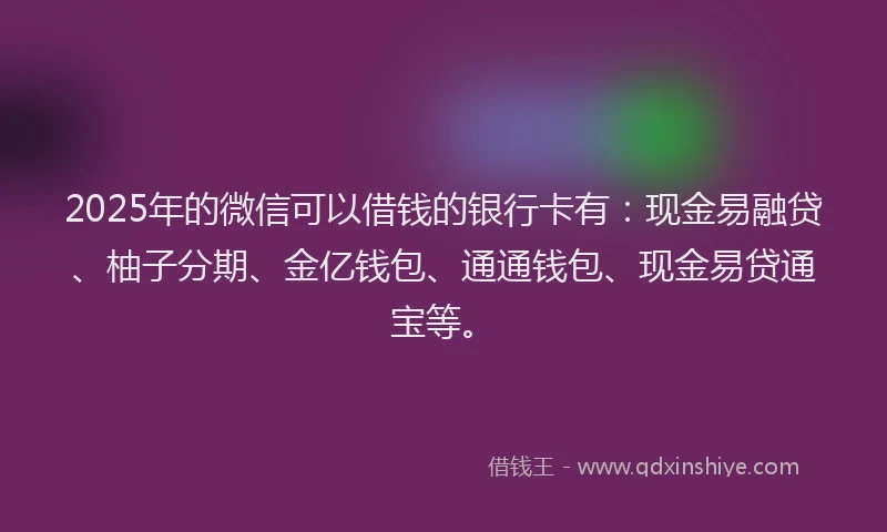 2025年的微信可以借钱的银行卡有：现金易融贷、柚子分期、金亿钱包、通通钱包、现金易贷通宝等。
