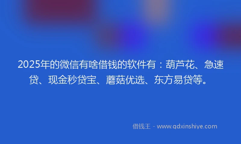 2025年的微信有啥借钱的软件有：葫芦花、急速贷、现金秒贷宝、蘑菇优选、东方易贷等。