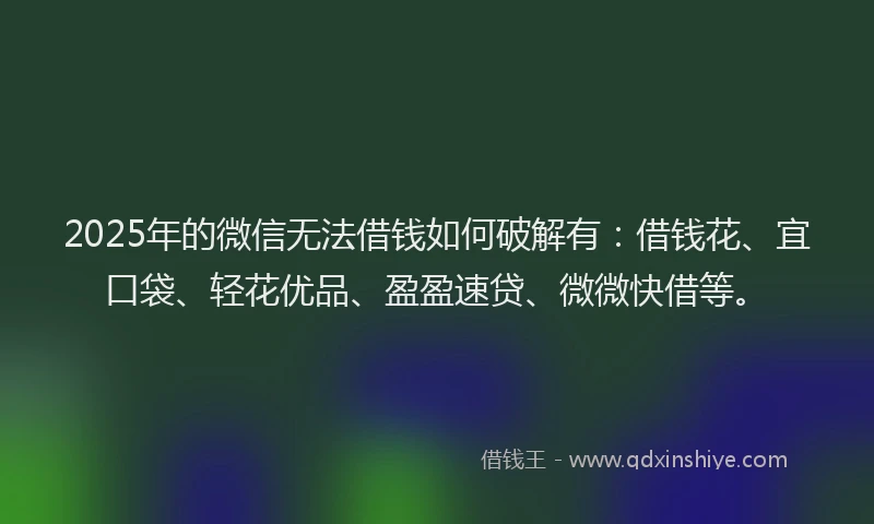 2025年的微信无法借钱如何破解有：借钱花、宜口袋、轻花优品、盈盈速贷、微微快借等。