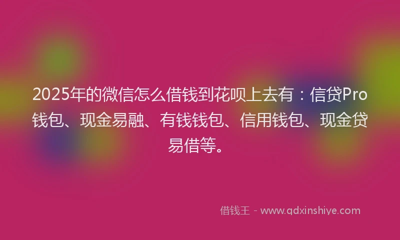 2025年的微信怎么借钱到花呗上去有：信贷Pro钱包、现金易融、有钱钱包、信用钱包、现金贷易借等。