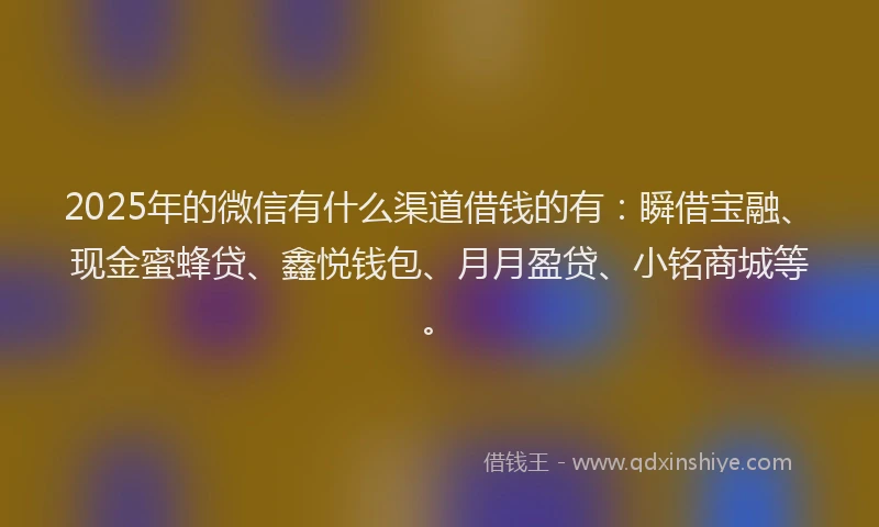 2025年的微信有什么渠道借钱的有：瞬借宝融、现金蜜蜂贷、鑫悦钱包、月月盈贷、小铭商城等。