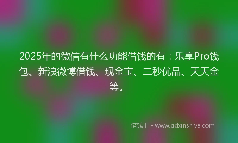 2025年的微信有什么功能借钱的有：乐享Pro钱包、新浪微博借钱、现金宝、三秒优品、天天金等。