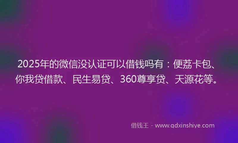 2025年的微信没认证可以借钱吗有：便荔卡包、你我贷借款、民生易贷、360尊享贷、天源花等。