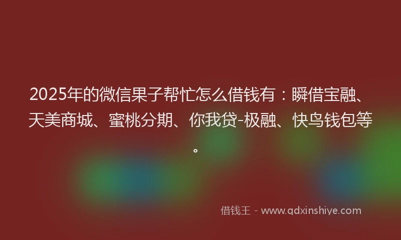 2025年的微信果子帮忙怎么借钱有：瞬借宝融、天美商城、蜜桃分期、你我贷-极融、快鸟钱包等。