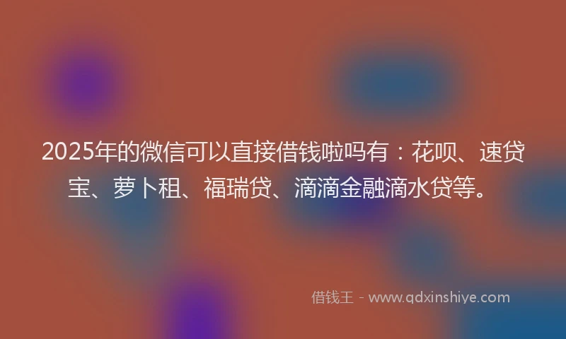 2025年的微信可以直接借钱啦吗有：花呗、速贷宝、萝卜租、福瑞贷、滴滴金融滴水贷等。
