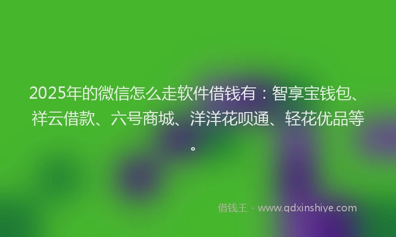 2025年的微信怎么走软件借钱有：智享宝钱包、祥云借款、六号商城、洋洋花呗通、轻花优品等。