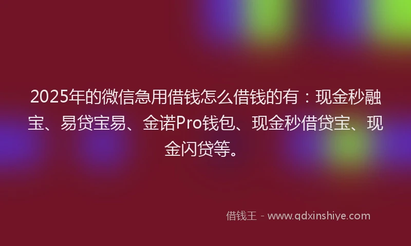 2025年的微信急用借钱怎么借钱的有：现金秒融宝、易贷宝易、金诺Pro钱包、现金秒借贷宝、现金闪贷等。