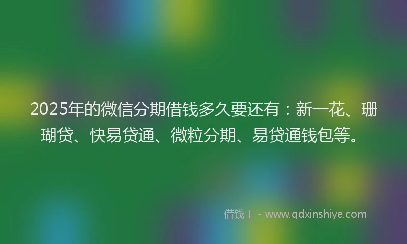 2025年的微信分期借钱多久要还有：新一花、珊瑚贷、快易贷通、微粒分期、易贷通钱包等。