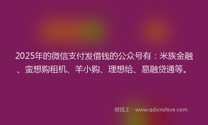 2025年的微信支付发借钱的公众号有：米族金融、蛮想购租机、羊小购、理想给、易融贷通等。