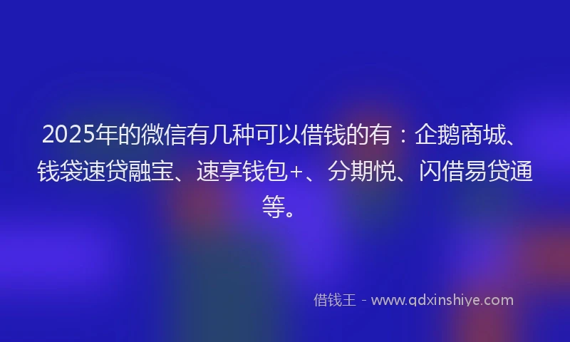 2025年的微信有几种可以借钱的有：企鹅商城、钱袋速贷融宝、速享钱包+、分期悦、闪借易贷通等。