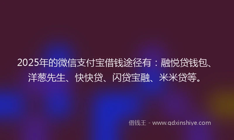2025年的微信支付宝借钱途径有：融悦贷钱包、洋葱先生、快快贷、闪贷宝融、米米贷等。