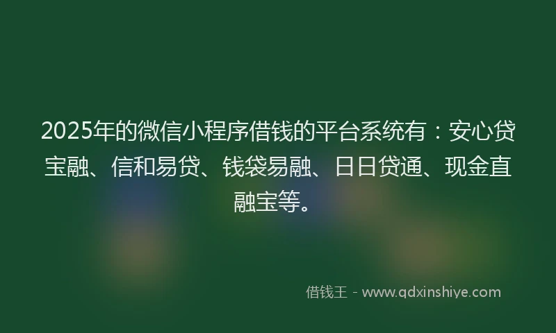 2025年的微信小程序借钱的平台系统有：安心贷宝融、信和易贷、钱袋易融、日日贷通、现金直融宝等。