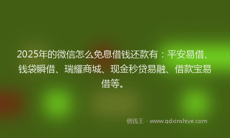 2025年的微信怎么免息借钱还款有：平安易借、钱袋瞬借、瑞耀商城、现金秒贷易融、借款宝易借等。