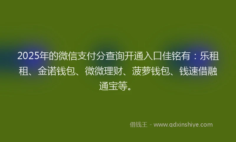 2025年的微信支付分查询开通入口佳铭有：乐租租、金诺钱包、微微理财、菠萝钱包、钱速借融通宝等。