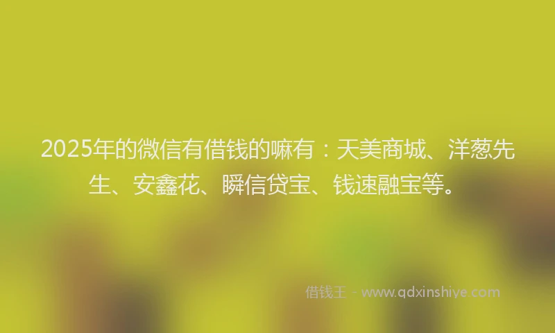 2025年的微信有借钱的嘛有：天美商城、洋葱先生、安鑫花、瞬信贷宝、钱速融宝等。