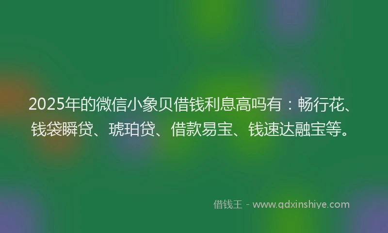 2025年的微信小象贝借钱利息高吗有：畅行花、钱袋瞬贷、琥珀贷、借款易宝、钱速达融宝等。