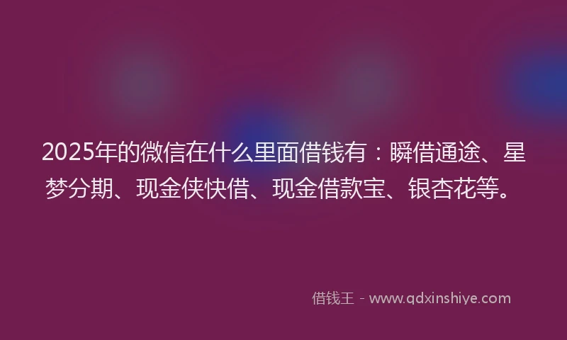 2025年的微信在什么里面借钱有：瞬借通途、星梦分期、现金侠快借、现金借款宝、银杏花等。