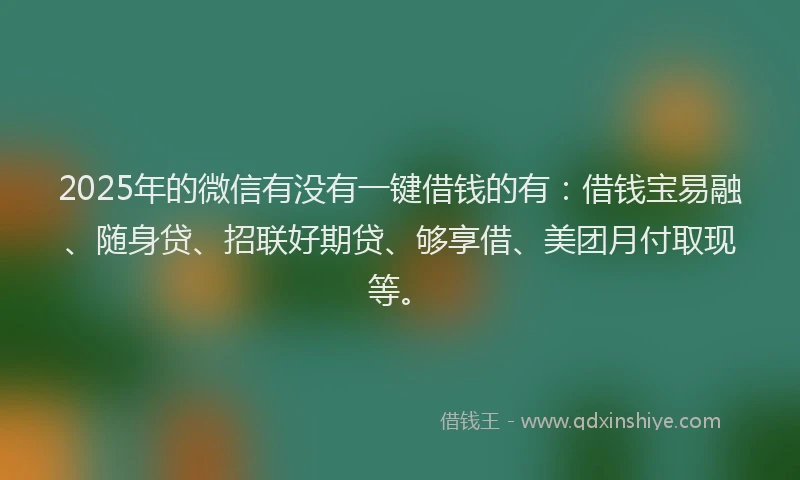 2025年的微信有没有一键借钱的有：借钱宝易融、随身贷、招联好期贷、够享借、美团月付取现等。