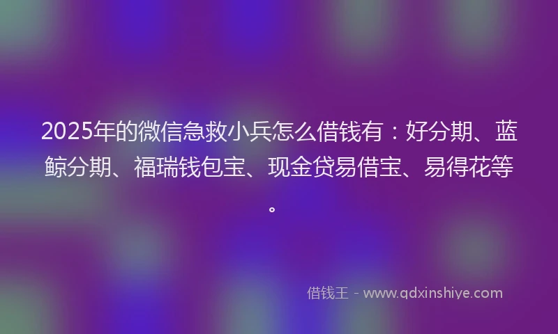 2025年的微信急救小兵怎么借钱有：好分期、蓝鲸分期、福瑞钱包宝、现金贷易借宝、易得花等。