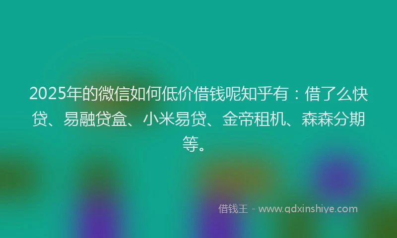 2025年的微信如何低价借钱呢知乎有：借了么快贷、易融贷盒、小米易贷、金帝租机、森森分期等。