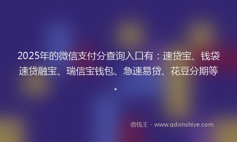 2025年的微信支付分查询入口有：速贷宝、钱袋速贷融宝、瑞信宝钱包、急速易贷、花豆分期等。