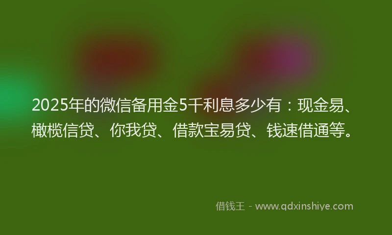 2025年的微信备用金5千利息多少有：现金易、橄榄信贷、你我贷、借款宝易贷、钱速借通等。