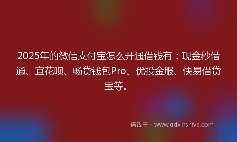2025年的微信支付宝怎么开通借钱有：现金秒借通、宜花呗、畅贷钱包Pro、优投金服、快易借贷宝等。