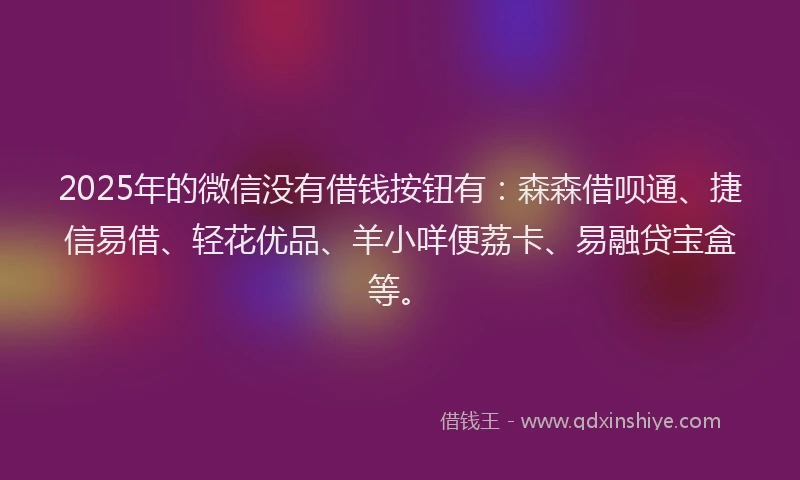 2025年的微信没有借钱按钮有：森森借呗通、捷信易借、轻花优品、羊小咩便荔卡、易融贷宝盒等。