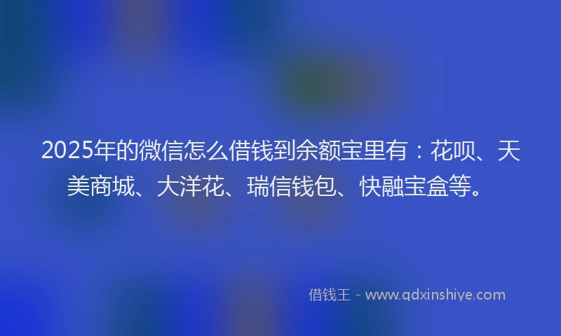 2025年的微信怎么借钱到余额宝里有：花呗、天美商城、大洋花、瑞信钱包、快融宝盒等。