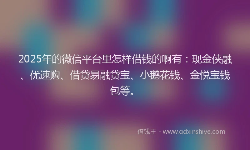 2025年的微信平台里怎样借钱的啊有：现金侠融、优速购、借贷易融贷宝、小鹅花钱、金悦宝钱包等。