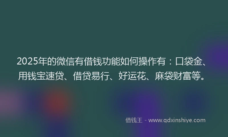 2025年的微信有借钱功能如何操作有：口袋金、用钱宝速贷、借贷易行、好运花、麻袋财富等。