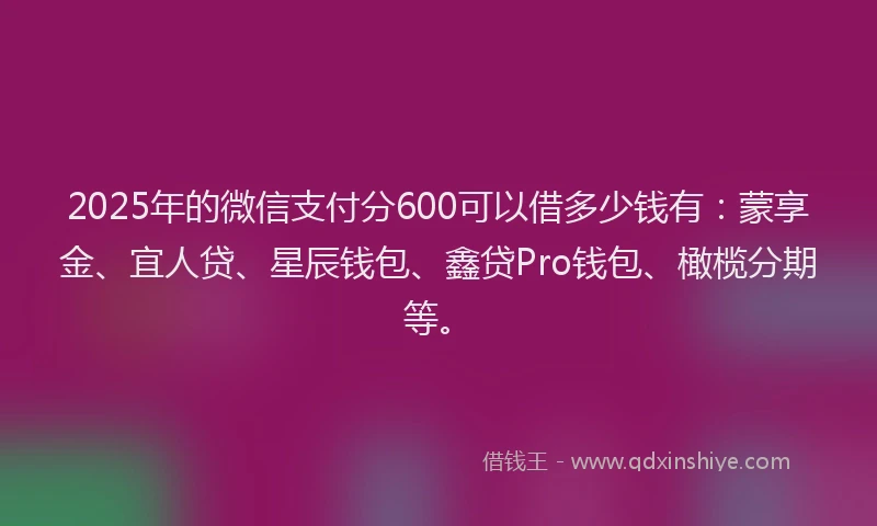 2025年的微信支付分600可以借多少钱有：蒙享金、宜人贷、星辰钱包、鑫贷Pro钱包、橄榄分期等。
