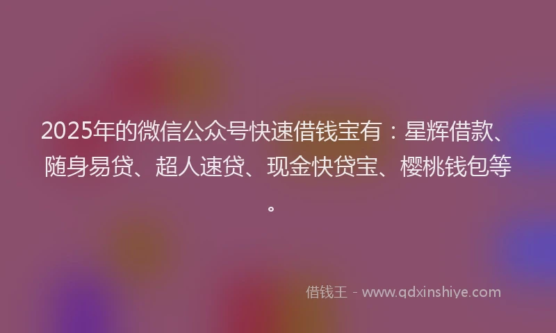 2025年的微信公众号快速借钱宝有：星辉借款、随身易贷、超人速贷、现金快贷宝、樱桃钱包等。
