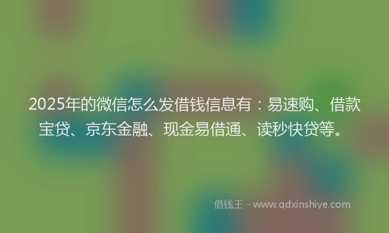 2025年的微信怎么发借钱信息有：易速购、借款宝贷、京东金融、现金易借通、读秒快贷等。