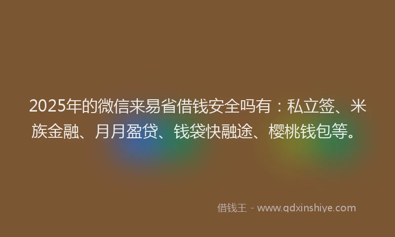 2025年的微信来易省借钱安全吗有：私立签、米族金融、月月盈贷、钱袋快融途、樱桃钱包等。