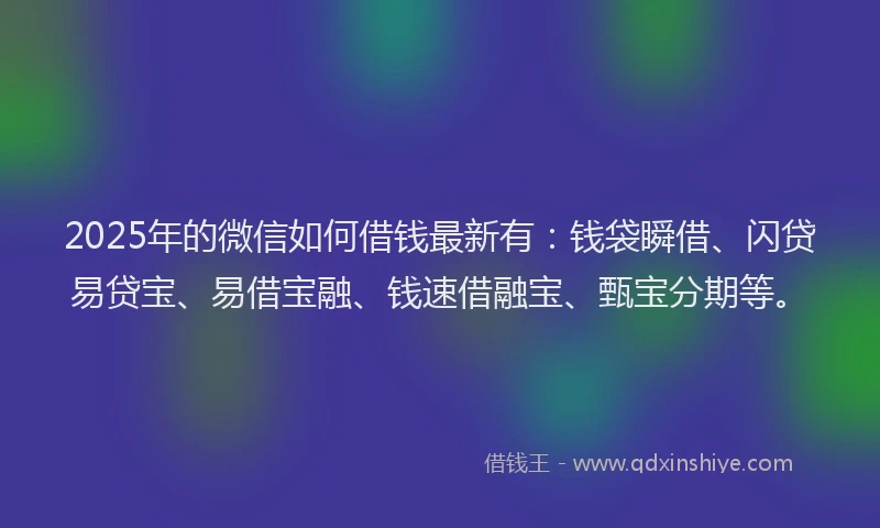 2025年的微信如何借钱最新有：钱袋瞬借、闪贷易贷宝、易借宝融、钱速借融宝、甄宝分期等。
