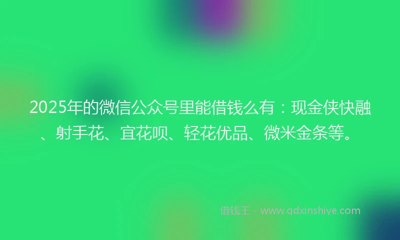 2025年的微信公众号里能借钱么有：现金侠快融、射手花、宜花呗、轻花优品、微米金条等。