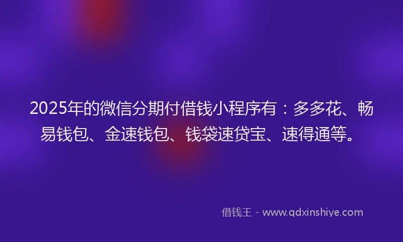 2025年的微信分期付借钱小程序有：多多花、畅易钱包、金速钱包、钱袋速贷宝、速得通等。