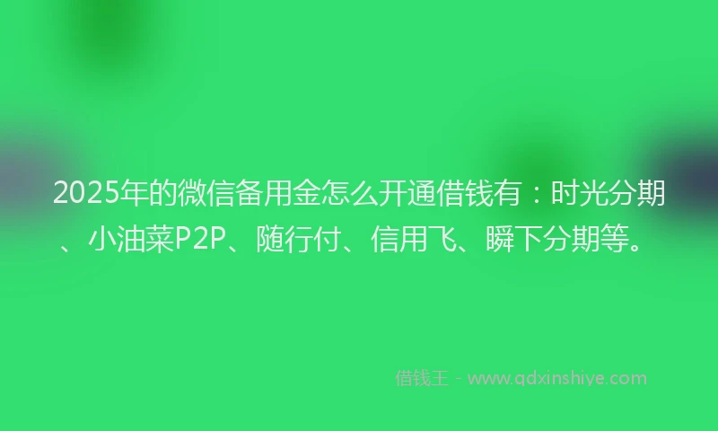 2025年的微信备用金怎么开通借钱有：时光分期、小油菜P2P、随行付、信用飞、瞬下分期等。