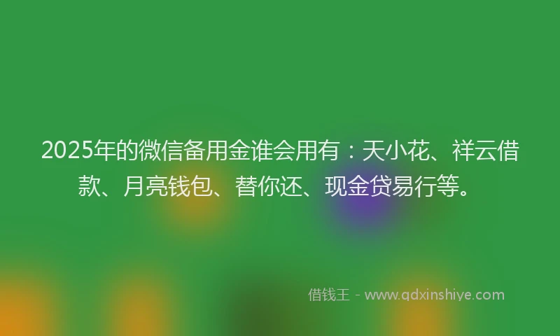 2025年的微信备用金谁会用有：天小花、祥云借款、月亮钱包、替你还、现金贷易行等。