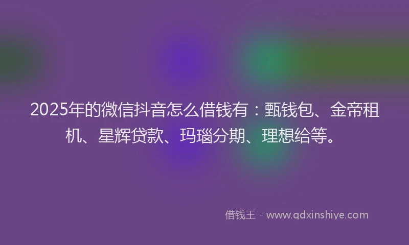 2025年的微信抖音怎么借钱有：甄钱包、金帝租机、星辉贷款、玛瑙分期、理想给等。