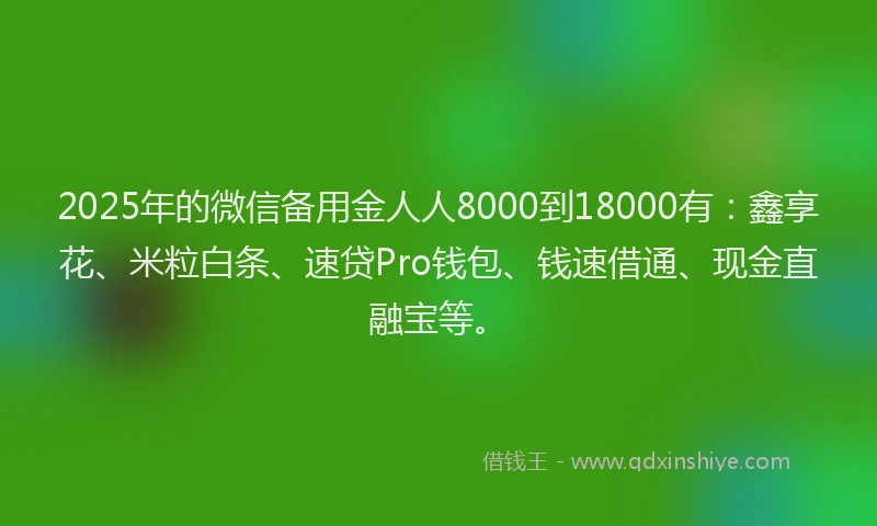 2025年的微信备用金人人8000到18000有：鑫享花、米粒白条、速贷Pro钱包、钱速借通、现金直融宝等。