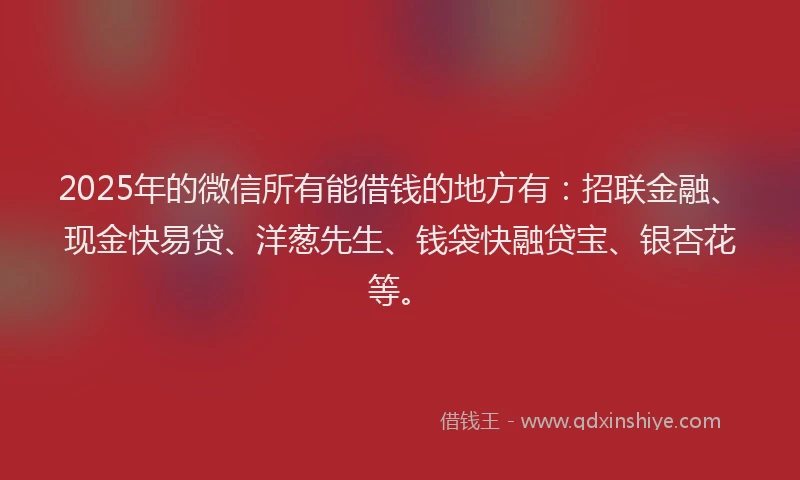 2025年的微信所有能借钱的地方有：招联金融、现金快易贷、洋葱先生、钱袋快融贷宝、银杏花等。