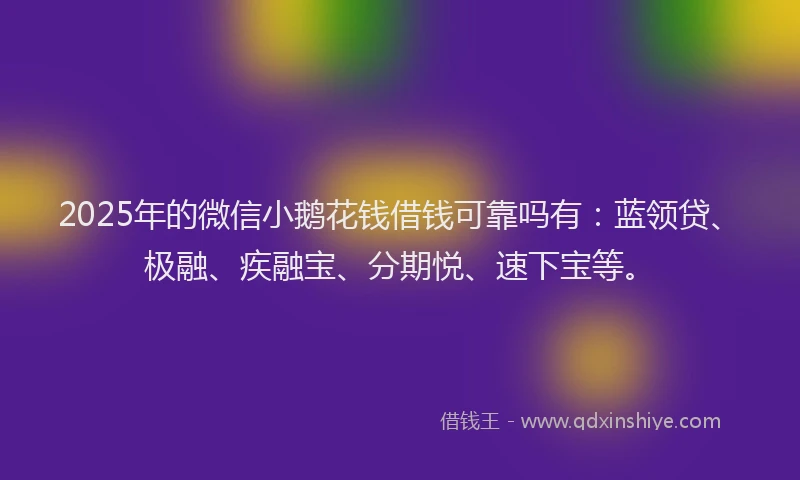 2025年的微信小鹅花钱借钱可靠吗有：蓝领贷、极融、疾融宝、分期悦、速下宝等。