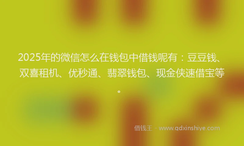 2025年的微信怎么在钱包中借钱呢有：豆豆钱、双喜租机、优秒通、翡翠钱包、现金侠速借宝等。